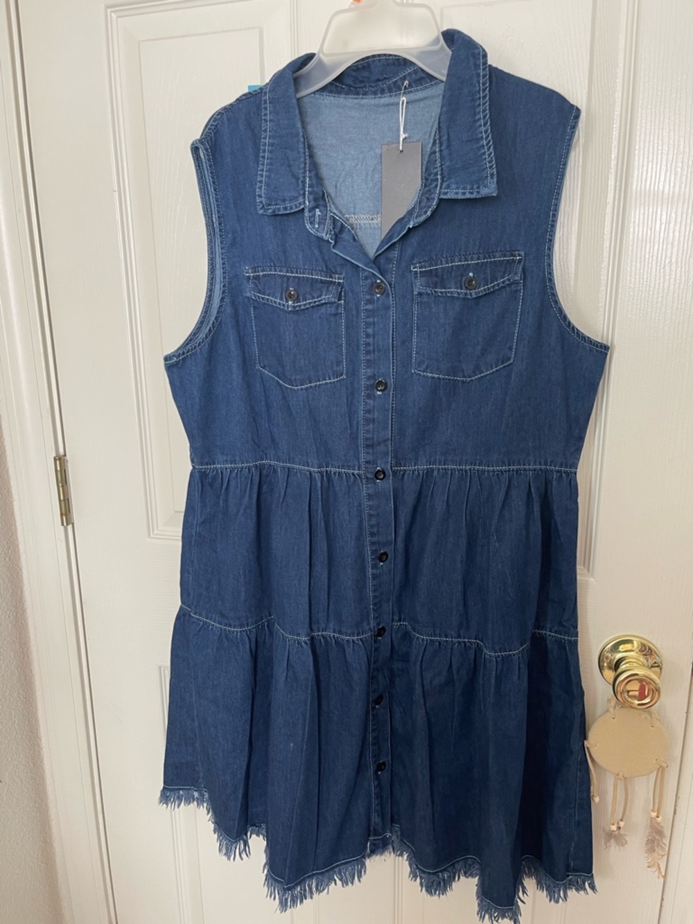 Sleeveless Button-Front Denim Tiered Dress - Dark Blue